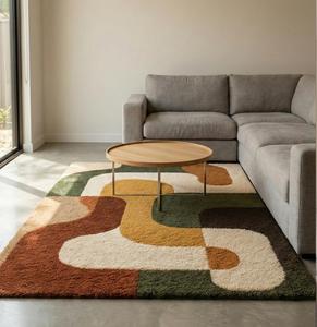 Tapis de luxe moderne abstrait géométrique en laine tuftée à la main, antidérapant, à poils moyens, avec support en toile de coton, doux et moelleux, à blocs de couleur - Product Image 1