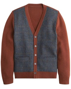 <b>Brown</b> And Blue Patchwork Knitted Cardigan Soft <b>Wool</b> Blend Fabric And Classic Button Closure Winter Warm Cotton Stylish Sweater - Product Image 1