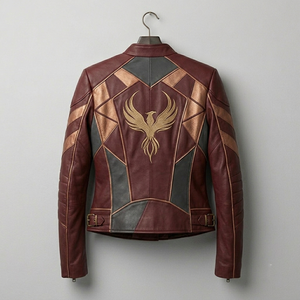 Blouson de moto en cuir pour homme, couleur bordeaux et or, avec fermeture éclair et design patchwork - Product Image 3