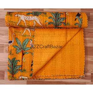 Colcha Kantha de Algodón Orgánico Hecha a Mano en India, Cubrecama con Estampado Floral Multicolor, Vintage, Reversible y Ecológica - Product Image 4