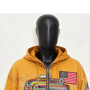 Men's Oversized Hooded Sweatshirt Yellow Hand Embroidered Cartoon Car Design Zipper Front Streetwear Autumn Wear - Product Image 2