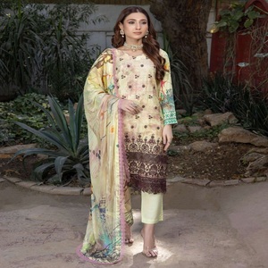Travail de broderie pakistanaise indienne pour femmes trois pièces Saari robe Salwar Kameez brodée lourde Eid vente viscose pakistanaise - Product Image 3