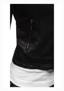 Women's Black Genuine Leather Moto Jacket Full Sleeve <b>Zipper</b> Closure Stand Collar Autumn Style - Product Image 2