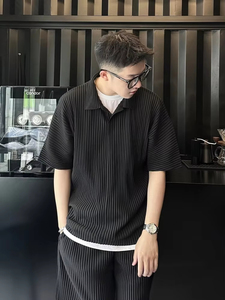 Polo plissé japonais Miyake de qualité supérieure pour homme – Coupe décontractée, col à revers, manches courtes, idéal pour le quotidien - Product Image 4