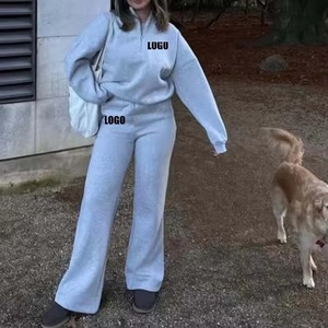 Women's Cropped <b>Sweatshirt</b> Set Solid Color Crew Neck Full <b>Sleeve</b> Loose Fit Cotton Tracksuit Blank Spring Casual Wear - Product Image 2