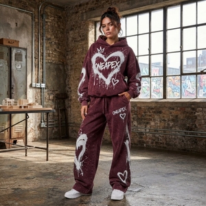 Women's Burgundy Graffiti <b>Heart</b> Hoodie Tracksuit Set White Printed <b>Sweatshirt</b> Wide Leg Pants Streetwear Two Piece Outfit - Product Image 6