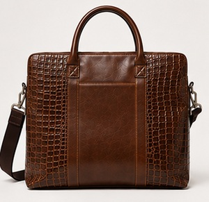 Sac messager d'affaires Gravs en cuir véritable de qualité supérieure, grand format, style vintage, avec détails rivets et motif alligator, pour homme, fermeture éclair - Product Image 1