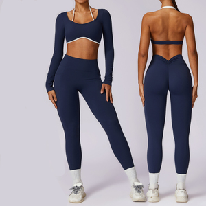 New Style High Quality Women Sports Set 2 Piece Long-sleeve and <b>Pants</b> Nylon Spandex Yoga Suit Gym Yoga Active Wears Set for Lady - Product Image 1