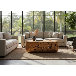 Meubles de salon ARTERRA de luxe en bois naturel fabriqués à la main, ambiance chaleureuse et accueillante, pièce ovale en racine de teck rustique de qualité supérieure - Product Image 3