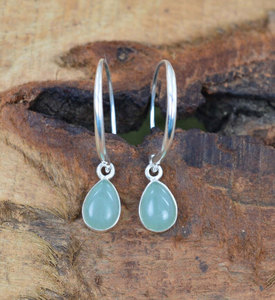 <b>Handmade</b> Silver Aqua Chalcedony Teardrop Hoop <b>Earrings</b> Minimalist Gemstone Boho Jewelry Women - Product Image 4
