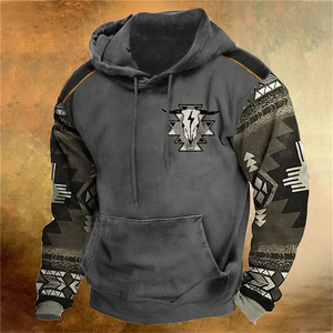 Sweat-shirt à capuche décontracté pour homme à motif géométrique, coupe classique, imprimé, style automne, marron, avec poches - Product Image 5