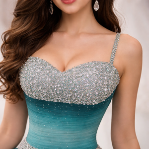 Sparkly Spaghetti Strap Sweetheart Bodycon Floor-Length Anti-static Luxury Teal Crochet Lace Formal Gown <b>Sequined</b> Decoration - Product Image 4