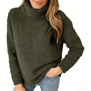 Olive Green <b>Sherpa</b> Fleece Sweatshirt Cozy High Neck Pullover with Custom Embroidered Logo Soft Winter Loungewear Crew <b>Hoodies</b> - Product Image 4