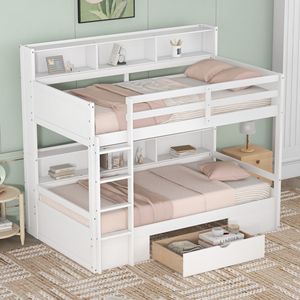 Letto a Castello Singolo Bianco con Scaffali Integrati e Cassetto Portaoggetti, con Funzionalità di Stoccaggio per i Bambini sul Letto Superiore e Inferiore - Product Image 2