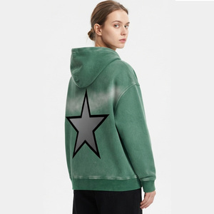 เสื้อฮู้ดดี้สีเขียวฟอกย้อมลายดาวด้านหลังสำหรับผู้หญิง แขนยาวทรงหลวม - Product Image 3