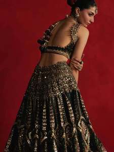 Elegant Black Embroidered Lehenga with Crop <b>Top</b> A-Line Floor-Length Modern Style Contrast Color Handwork Detailing Wrinkle Free - Product Image 3