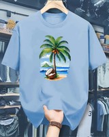 Men's Light Blue T-Shirt Palm Tree Coconut Beach Surf Print Short Sleeve O-Neck Casual Style Regular Fit Digital Printed Jersey