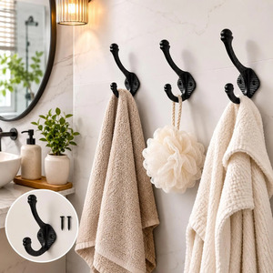 SHUBHAM <b>Black</b> Metal Wall <b>Hook</b> Double Coat Rack Vintage Drill Mounted Clothing Hanger for Entryway Bedroom - Product Image 3