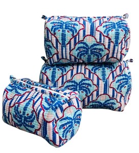Blue Cotton Hand Block Printed Quilted Small Lightweight Durable Cosmetic Storage Utility Bag Set Zipper Closure (Set OF 3) - Product Image 1