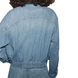 Chaqueta Bomber Vaquera Azul Claro Vintage Personalizada con Cremallera para Mujer y Hombre, Estilo Oversize Streetwear, Chaqueta Casual de Jean con Cintura Elástica - Product Image 3