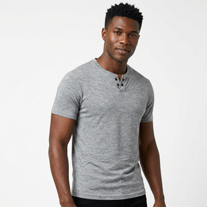 T-shirt Henley à manches courtes pour homme, gris, coupe ajustée, respirant, tricoté, décontracté, couleur unie, col rond - Product Image 3
