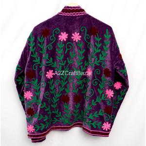 Handmade Woven Velvet Cotton Shell <b>Jacket</b> for <b>Women</b> Embroidered with Green Leaf Floral Design Eco-Friendly Boho <b>Vintage</b> Style - Product Image 6