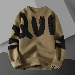 Pull en tricot à col rond pour homme avec imprimé lettres blanches, coupe classique, style vintage, vêtement décontracté d'automne, sweat-shirt pour homme - Product Image 5