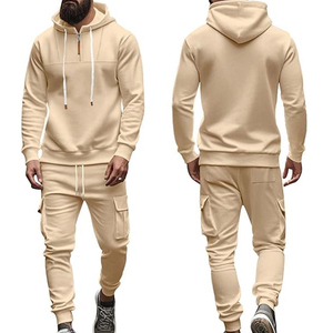 <b>Mens</b> Beige Hooded Tracksuit Full Sleeve Solid Color Casual Jogger Set With Side Pockets Drawstring Closure Autumn Wear - Product Image 1