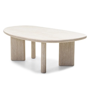 Modern Luxury Solid Mango Wood <b>Oval</b> Travertine <b>Coffee</b> <b>Table</b> Natural Stone Texture Cream <b>Coffee</b> <b>Table</b> with Chunky Legs - Product Image 1