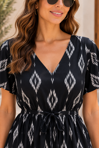 Women's Black Geometric Print V-Neck Midi <b>Dress</b> <b>With</b> Flutter <b>Sleeves</b> Drawstring Waist Boho Style Loose Fit <b>Summer</b> Casual <b>Dress</b> - Product Image 4