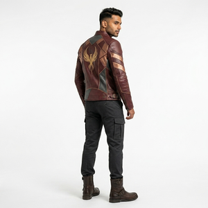 Blouson de moto en cuir pour homme, couleur bordeaux et or, avec fermeture éclair et design patchwork - Product Image 2