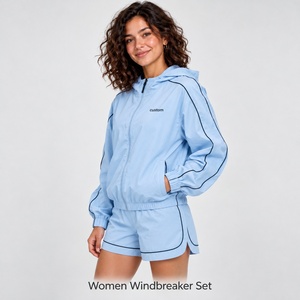 Ensemble de veste coupe-vent et short pour femme, style décontracté, bleu ciel, veste à capuche zippée, short à bordure contrastée, tenue de voyage en deux pièces - Product Image 4