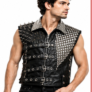 Chaleco de Cuero para Hombre, Chaleco de Motociclista con Tachuelas, Chaleco Estilo Gótico Punk, Chaleco de Cuero Negro con Hebilla Frontal - Product Image 1