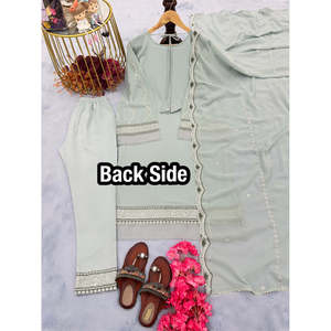 Conjunto de Top, Pantalón y Dupatta de Georgette Sintética Pesada para Mujer, para Fiestas - Product Image 4