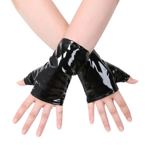 <b>Black</b> PU Wrist-Length <b>Fingerless</b> <b>Gloves</b> Punk Style Unlined for Party Wear - Product Image 2