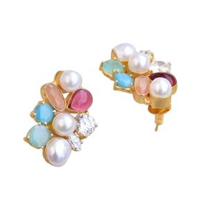 Boucles d'oreilles pendantes en laiton tendance, exportation, zircon, pierre organique, plaqué rhodium, motif unique de créateur, prêt à être expédié - Product Image 2