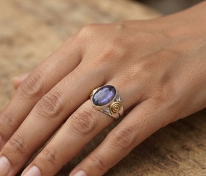 Bague en labradorite naturelle ovale, argent sterling 925, bicolore, style bohème, faite à la main, bijou de créateur, vente en gros - Product Image 6