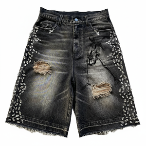 Shorts en jean déchirés taille haute avec strass, style streetwear, pour homme, noir, effet usé, été - Product Image 1