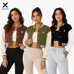 Chaqueta Varsity Corta para Mujer, Manga Larga, Cuello Camisero, Color en Contraste, Forro Polar, Ropa de Otoño, Suave y Cómoda, Estilo Urbano - Product Image 1