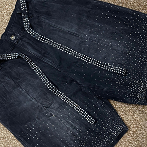 <b>Men's</b> Streetwear Denim Shorts Elastic Waist High Woven Solid Distressed Embroidery Patch Rhinestone Detail <b>Flared</b> Summer Style - Product Image 6