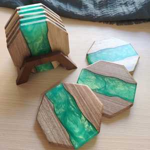 Art Resin Wood Coaster Handmade <b>Epoxy</b> Resin and Natural Wood Cup Coaster for Dining <b>Table</b> Office Use Decor House warming Gifts - Product Image 1