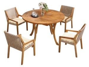 Ensemble de jardin en teck pour l'extérieur, table ronde avec 4 chaises, mobilier de patio en bois contemporain, résistant aux intempéries, design en bois massif - Product Image 2