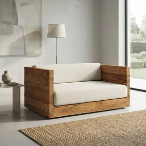 Sofá doble de madera premium, tipo cubo, de 2 plazas, minimalista, moderno, de teca, con cojín cómodo, para decoración de sala de estar. - Product Image 3