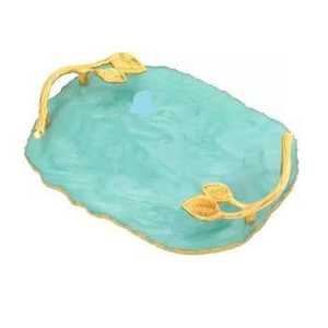 Plateau de service rectangulaire moderne en résine agate bleu sarcelle de qualité supérieure avec poignées en forme de branche dorée, vaisselle d'intérieur de luxe, objet d'art - Product Image 2