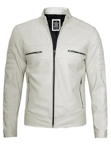 <b>Mens</b> <b>White</b> Cafe Racer Leather <b>Jacket</b> - Product Image 1