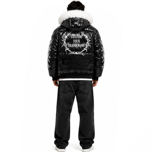 Custom Black Patent Puffer <b>Jacket</b> with <b>Fur</b> <b>Hood</b> Graphic Print Unisex Winter Outdoor Wear Wholesale Manufacturer OEM ODM Supplier - Product Image 6