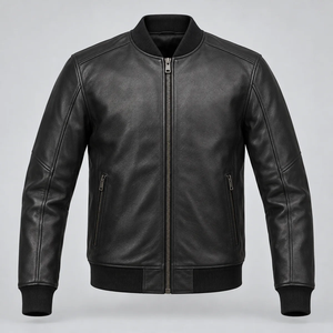 Blouson aviateur en cuir noir pour homme, fermeture éclair intégrale, style motard - Product Image 1