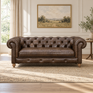 Sofá Chesterfield de Cuero Genuino con Respaldo Acolchado y Brazos Enrollados, Tres Plazas, 84 Pulgadas, para Hogar u Oficina - Product Image 1