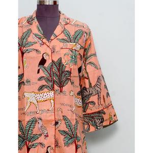 Camisa kimono de algodón hecha a mano con estampado de bloques, cuello en V, de secado rápido, manga larga, con estampado de animales/flora, para damas de honor. - Product Image 2