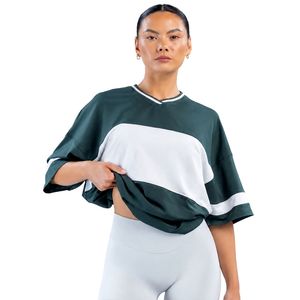T-shirt oversize à col en V pour femme, vert foncé et blanc, à manches courtes, vêtements de sport athlétiques, fabricant de vêtements personnalisés avec logo - Product Image 4